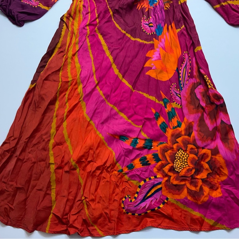 FARM Rio Floral Midi Dress Size XS Long Sleeve Vibrant Red Orange Blue Viscose - Picture 15 of 16